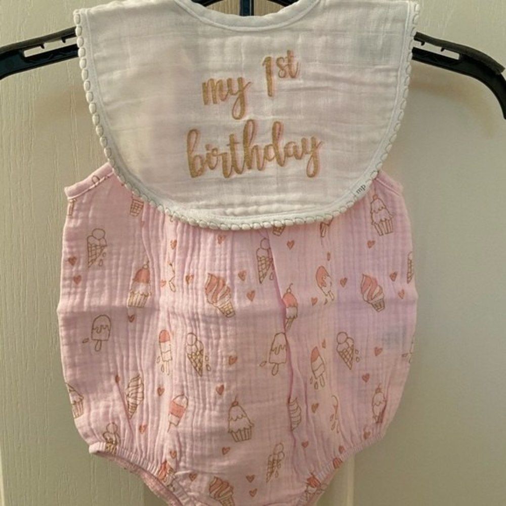 Mud Pie Baby Girls My First Birthday Ice Cream Romper Bib Size 9-12 Months NWT